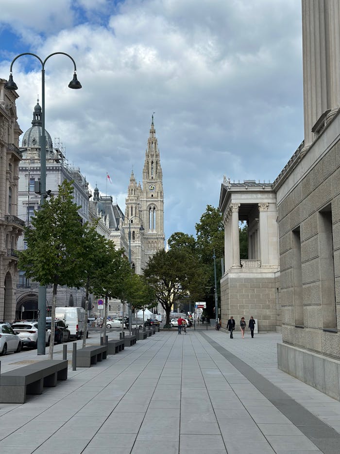 Captivating street view of Vienna, showcasing stunning historic architecture under cloudy skies.
