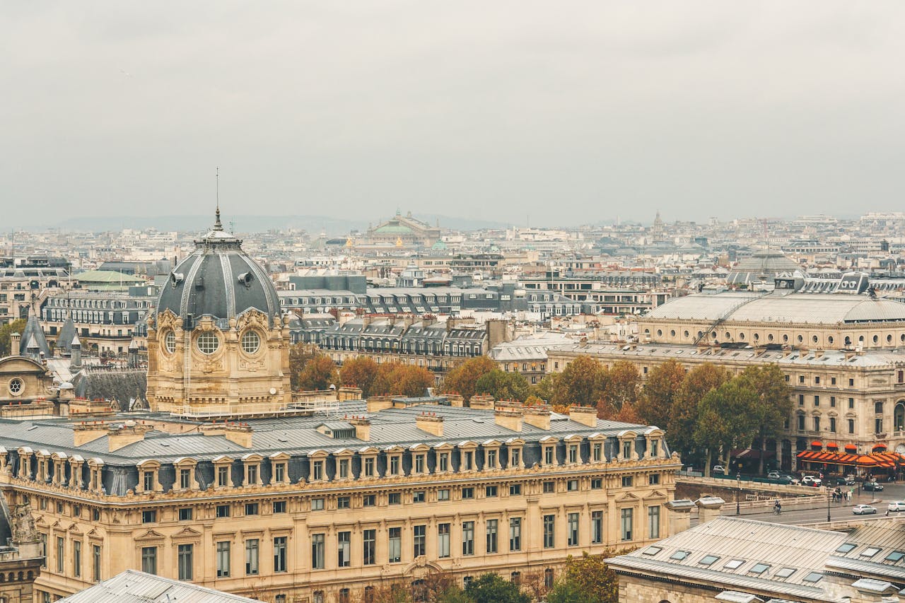 Panoramic view of historic architecture in Paris with a cloudy sky, showcasing iconic urban scenes.