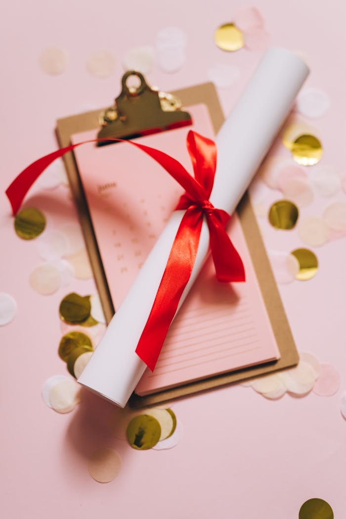 A rolled diploma tied with a red ribbon on a clipboard with a pink calendar surrounded by confetti.